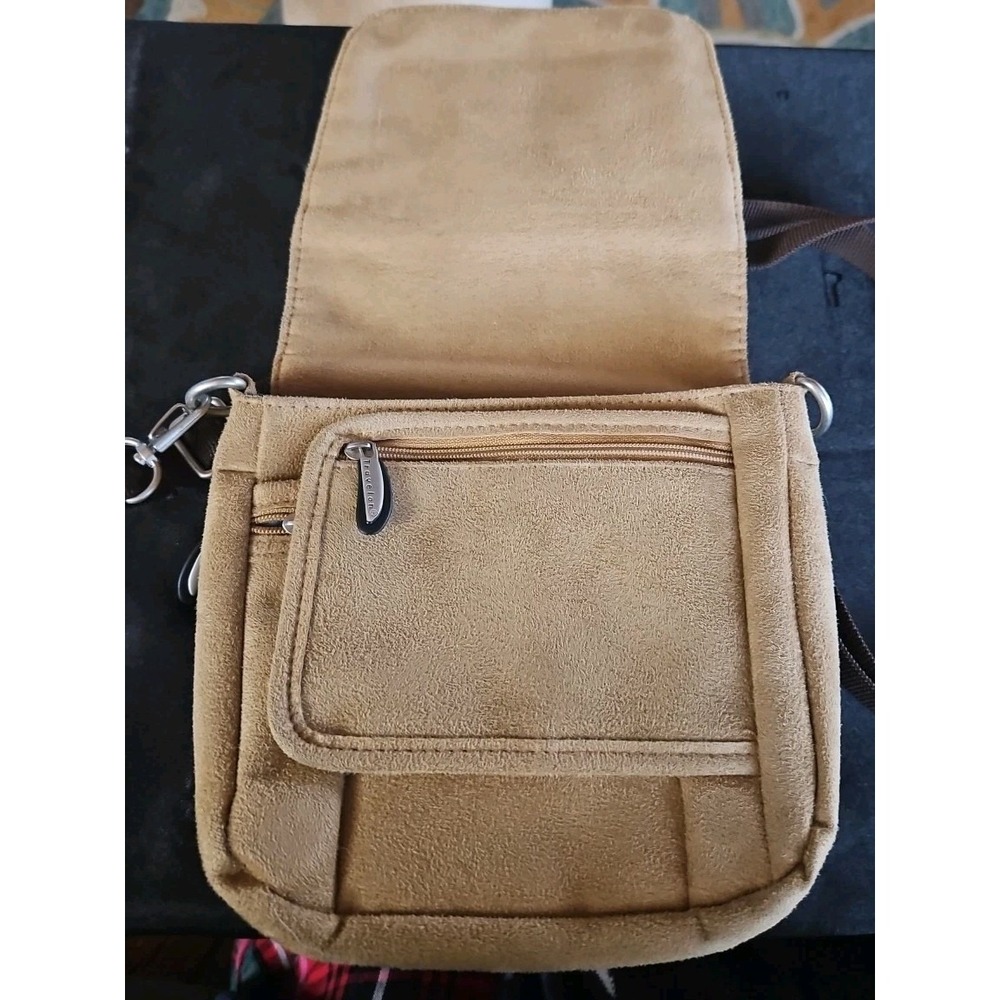 Travelon Cross Body Sling Bag Purse Crossbody Handbag Tan Faux Suede Mirror - Picture 4 of 7